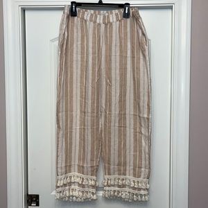 Crown & Ivy Striped Linen Pull On Pants with Tassels